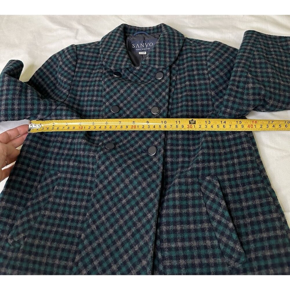 SANYO Tokyo Girl Wool Plaid Coat Size 4 Green Double Breasted Japan - Picture 11 of 11